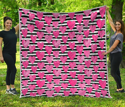 Black And White Striped Heart Print Quilt