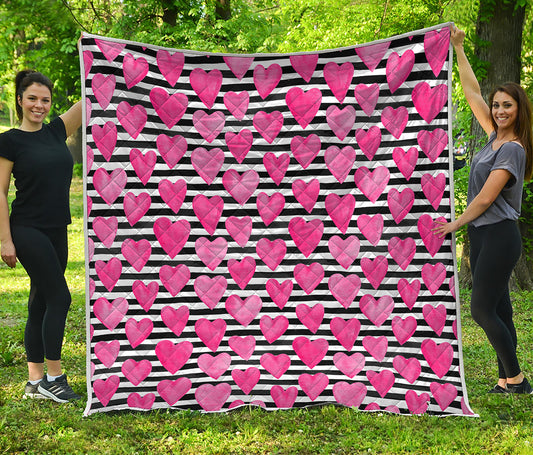 Black And White Striped Heart Print Quilt
