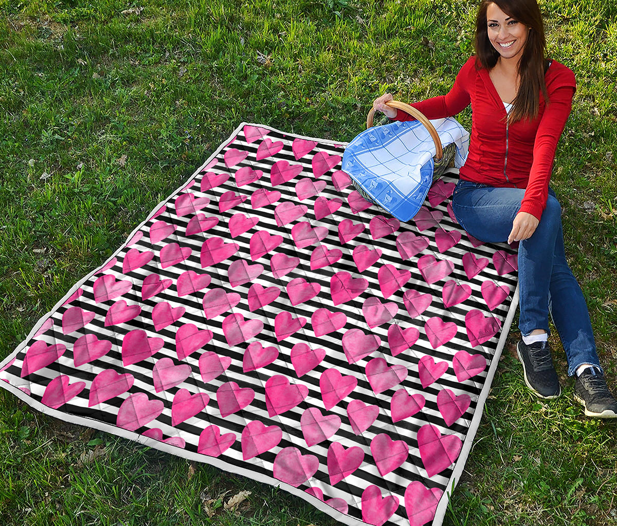 Black And White Striped Heart Print Quilt