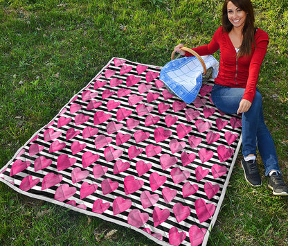 Black And White Striped Heart Print Quilt
