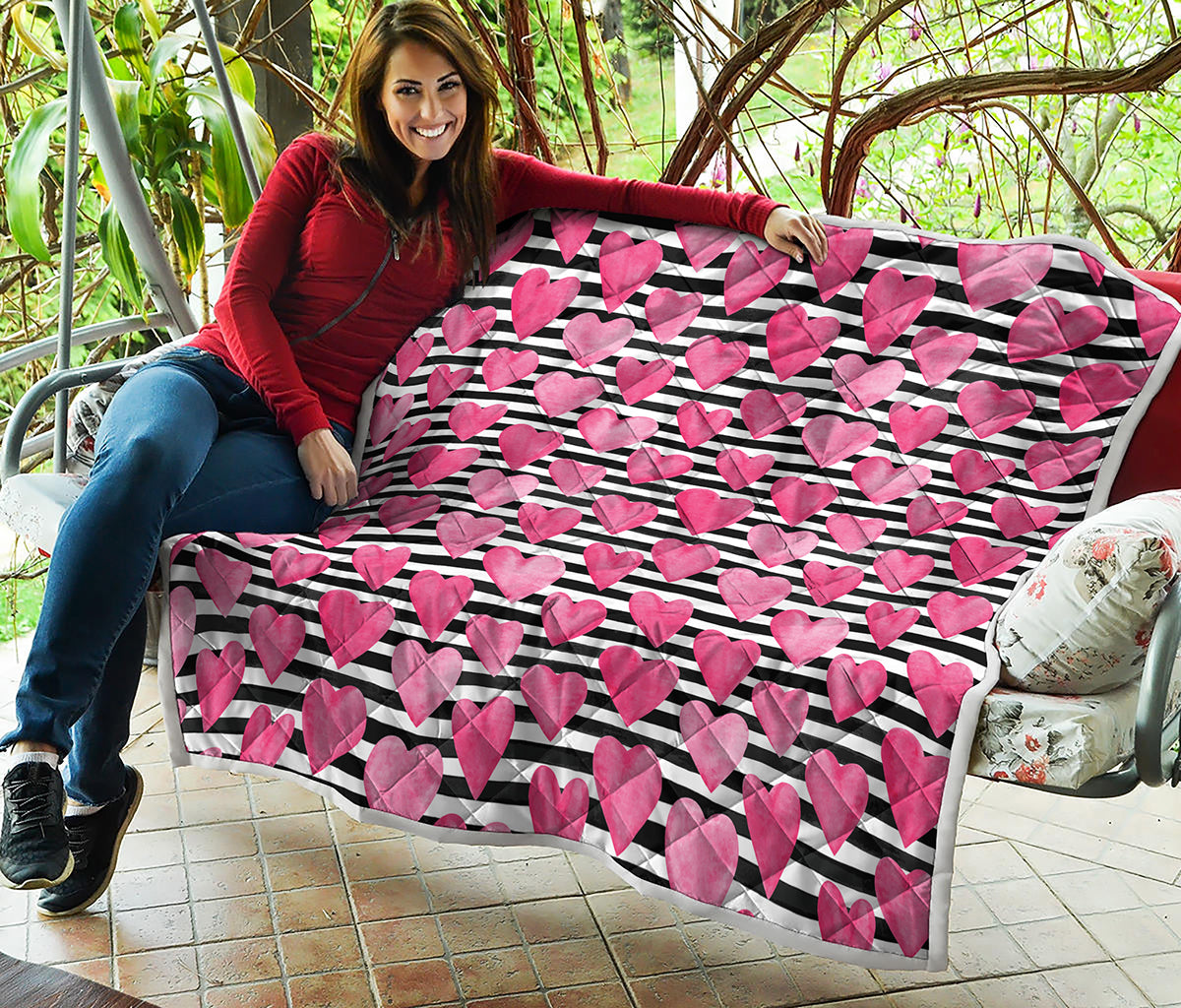 Black And White Striped Heart Print Quilt