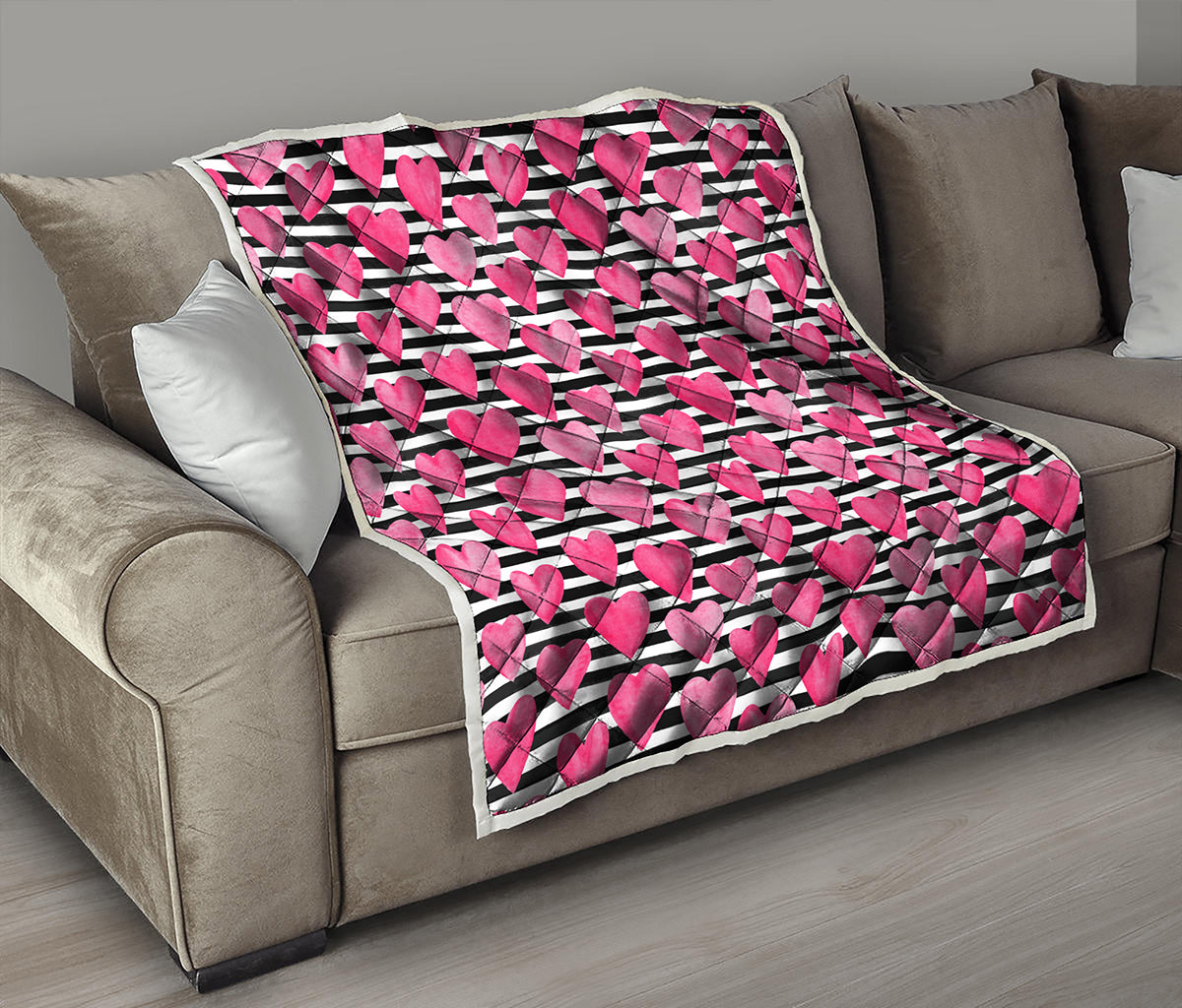 Black And White Striped Heart Print Quilt