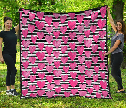 Black And White Striped Heart Print Quilt