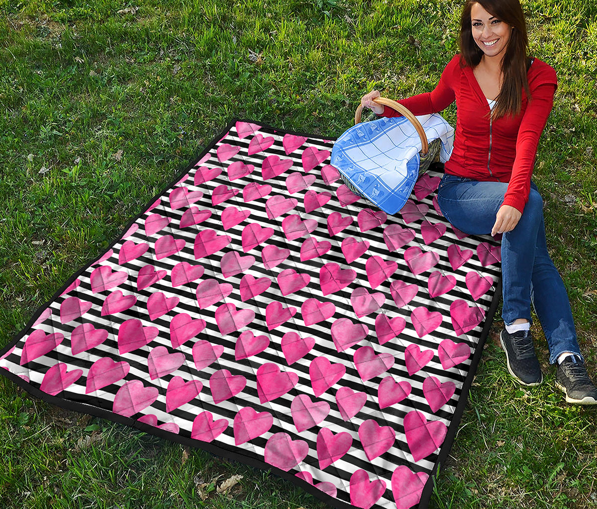 Black And White Striped Heart Print Quilt