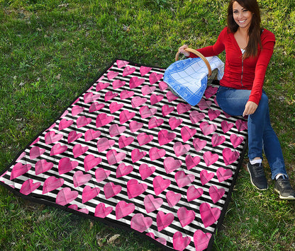 Black And White Striped Heart Print Quilt