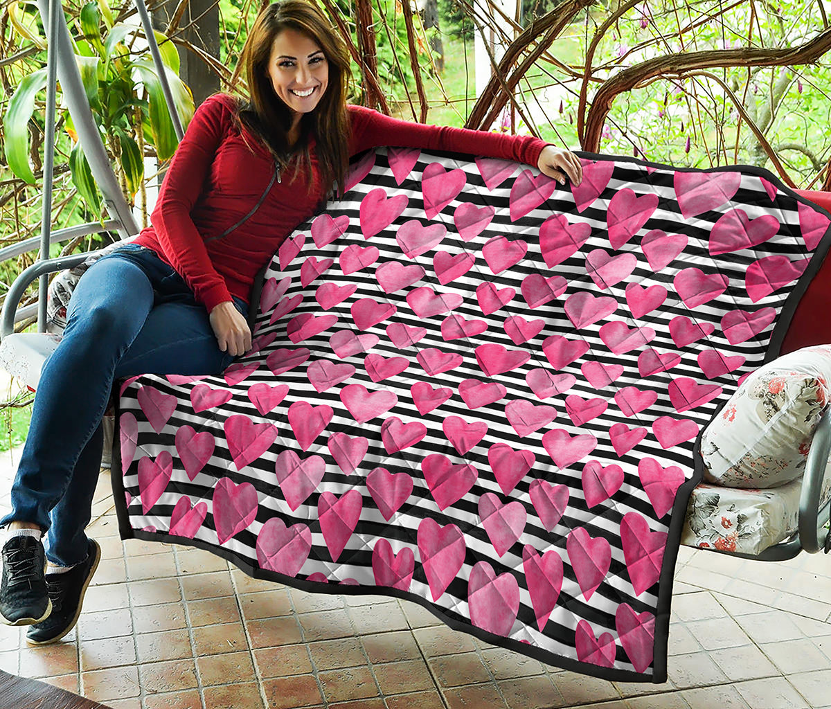 Black And White Striped Heart Print Quilt