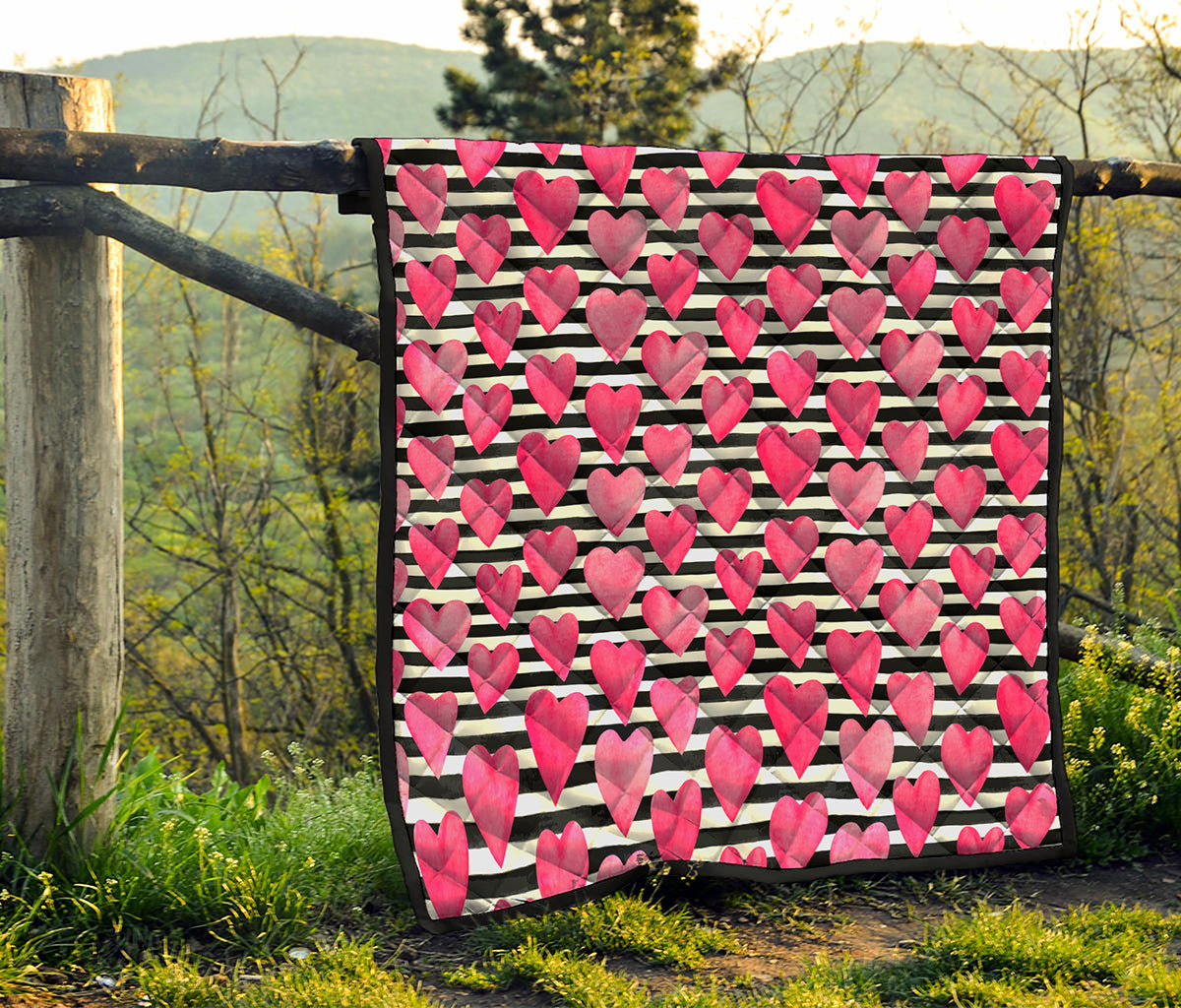 Black And White Striped Heart Print Quilt
