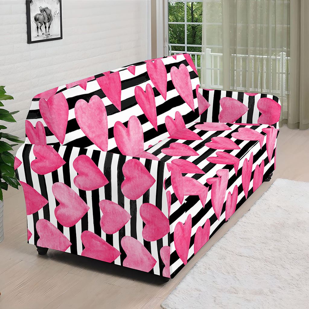 Black And White Striped Heart Print Sofa Cover