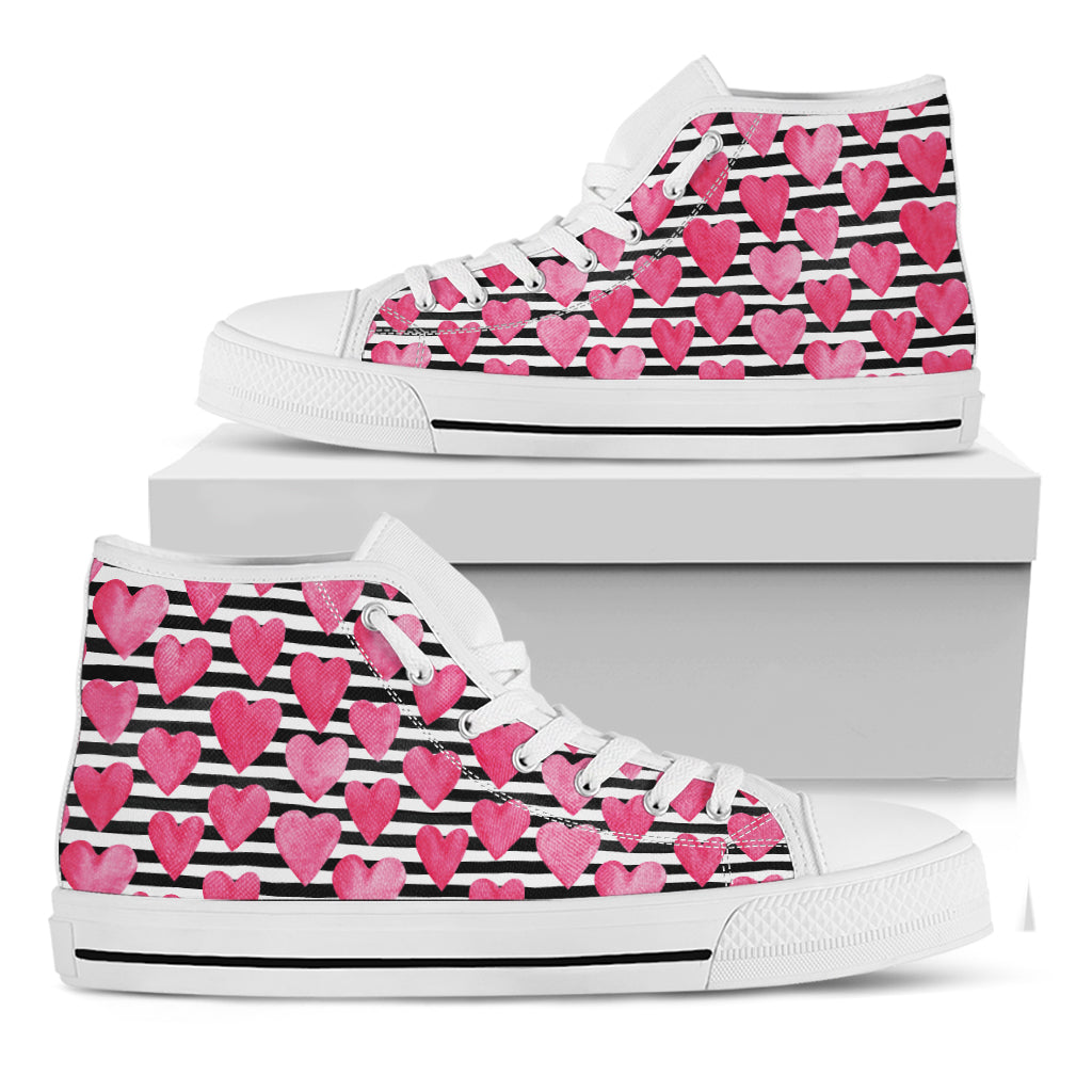 Black And White Striped Heart Print White High Top Shoes