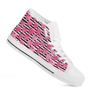 Black And White Striped Heart Print White High Top Shoes