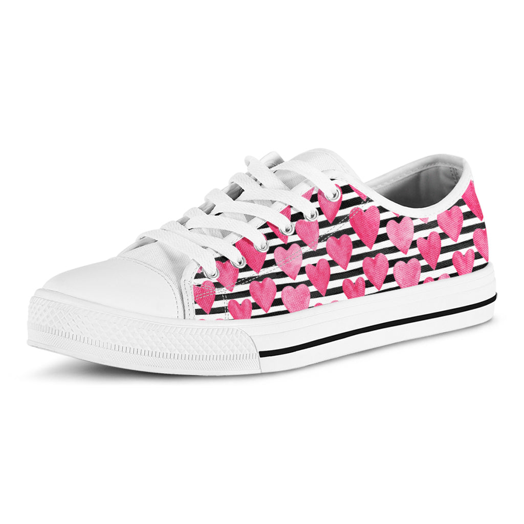 Black And White Striped Heart Print White Low Top Shoes