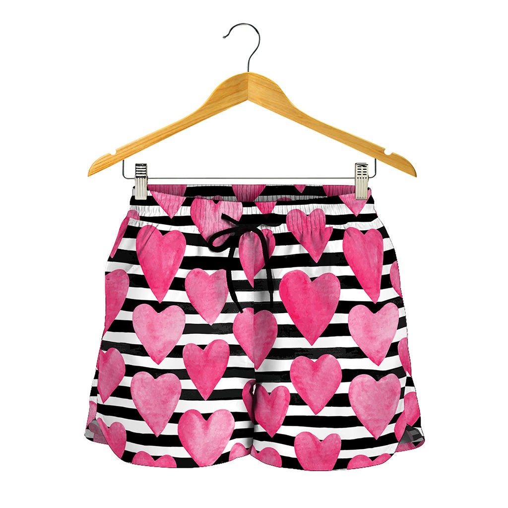 Black And White Striped Heart Print Women's Shorts