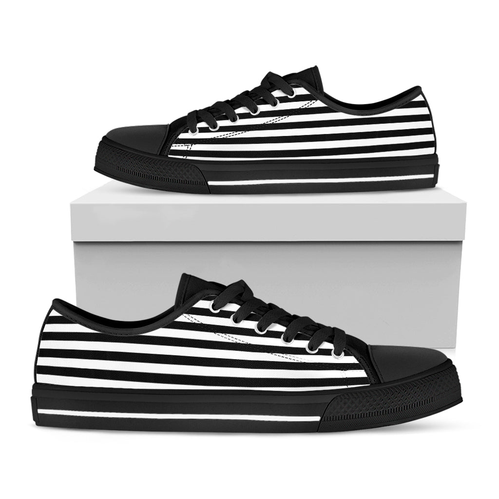 Black And White Striped Pattern Print Black Low Top Shoes