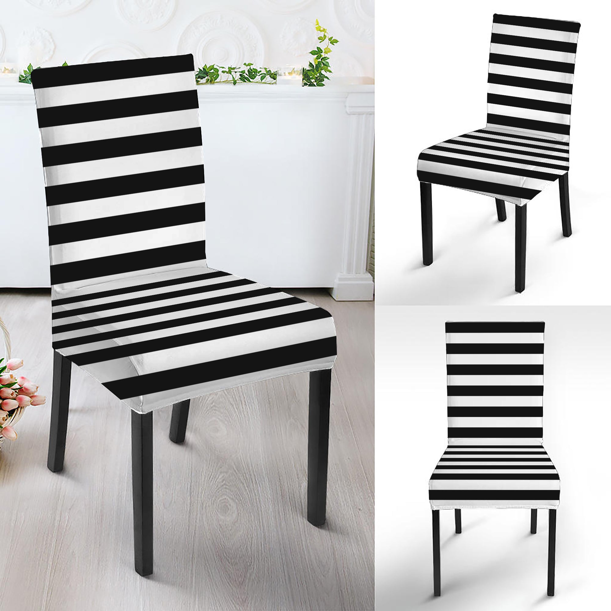 Black And White Striped Pattern Print Dining Chair Slipcover