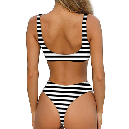 Black And White Striped Pattern Print Front Bow Tie Bikini