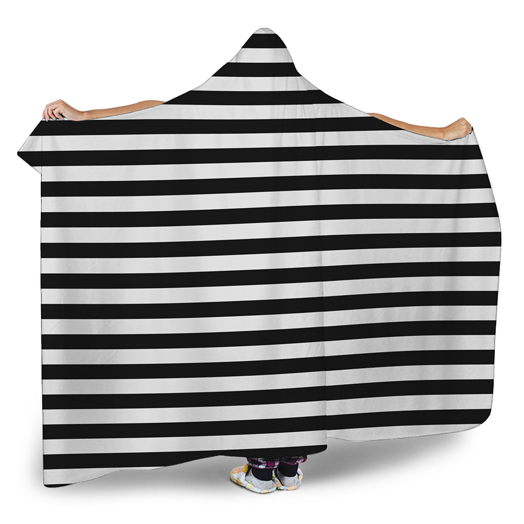 Black And White Striped Pattern Print Hooded Blanket