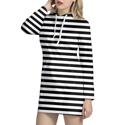 Black And White Striped Pattern Print Hoodie Dress