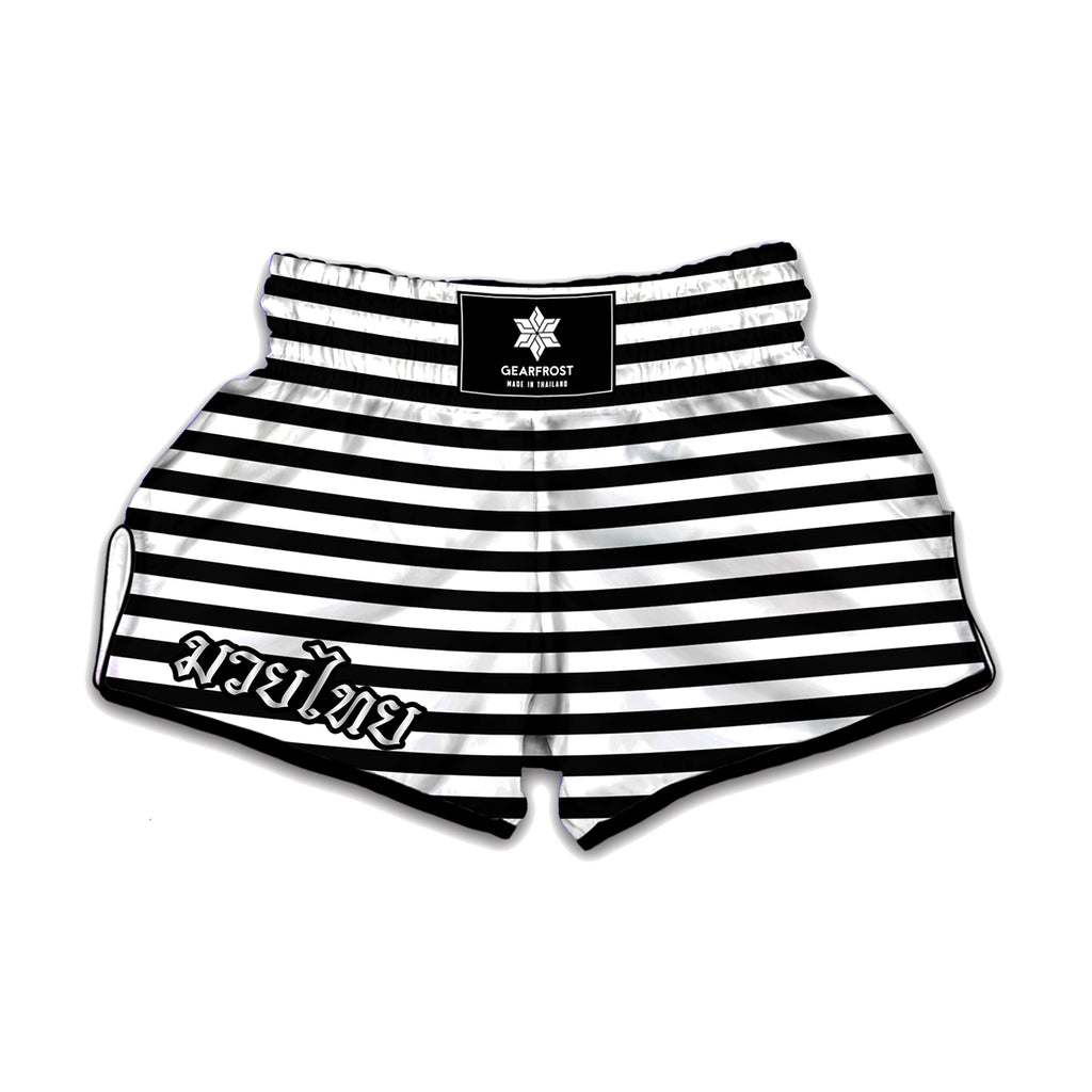 Black And White Striped Pattern Print Muay Thai Boxing Shorts