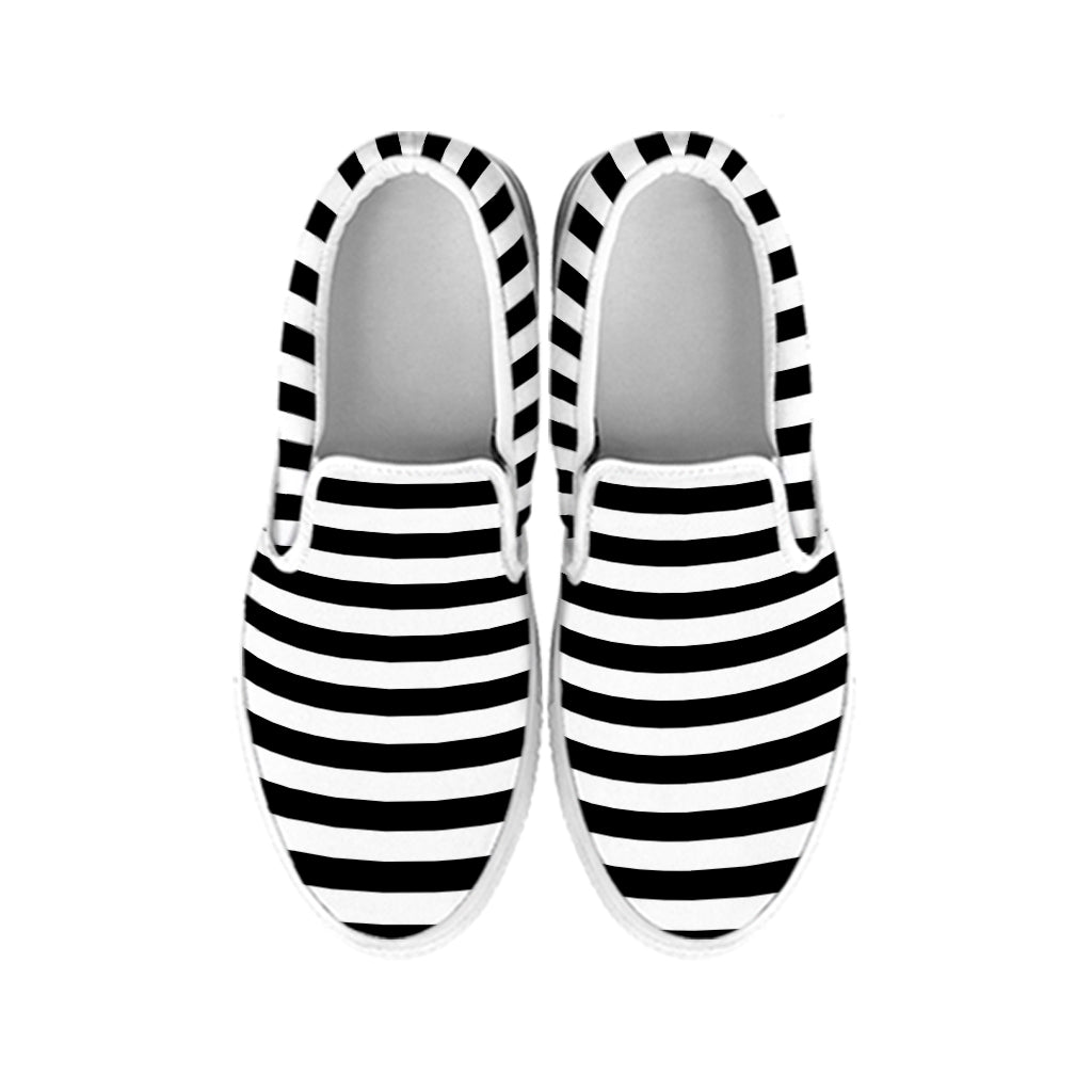 Black And White Striped Pattern Print White Slip On Shoes