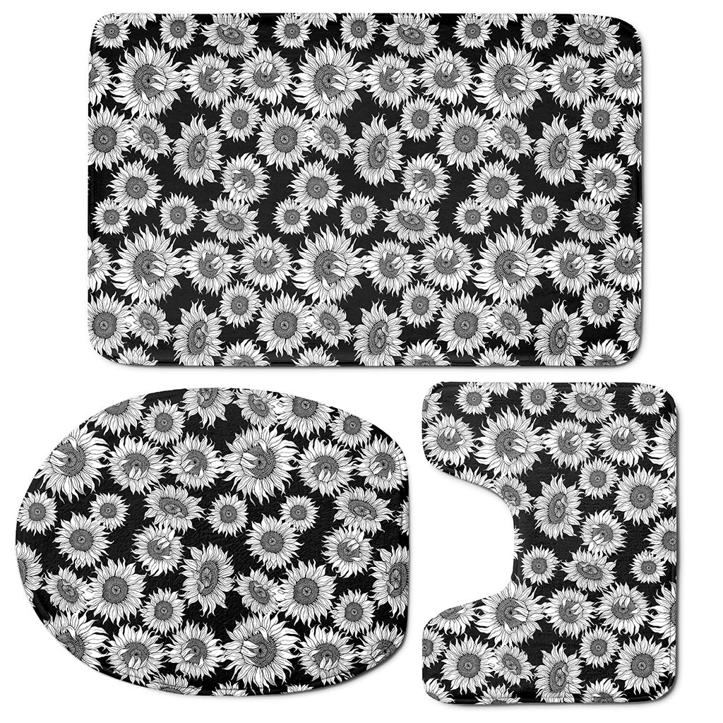 Black And White Sunflower Pattern Print 3 Piece Bath Mat Set