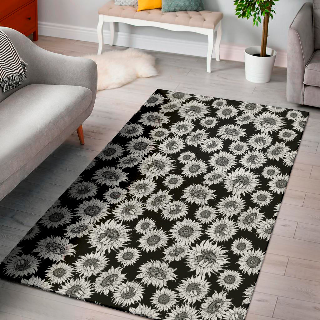 Black And White Sunflower Pattern Print Area Rug