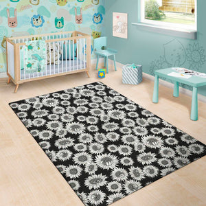 Black And White Sunflower Pattern Print Area Rug