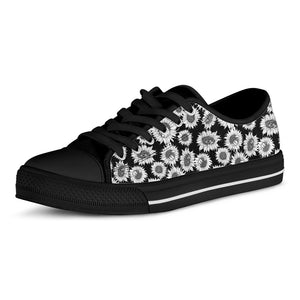 Black And White Sunflower Pattern Print Black Low Top Shoes