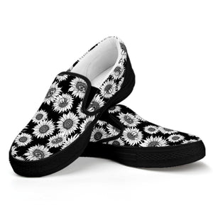 Black And White Sunflower Pattern Print Black Slip On Shoes