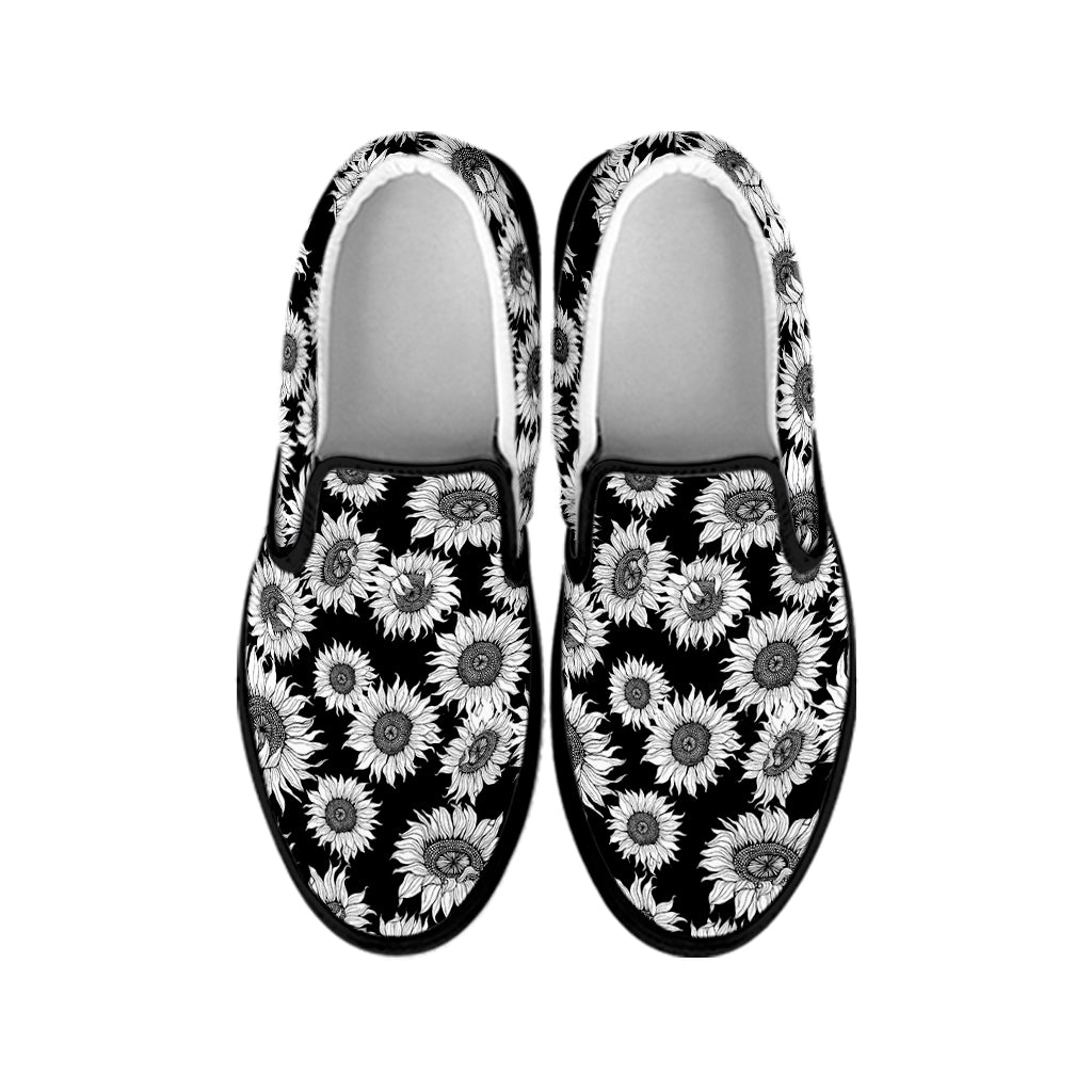 Black And White Sunflower Pattern Print Black Slip On Shoes