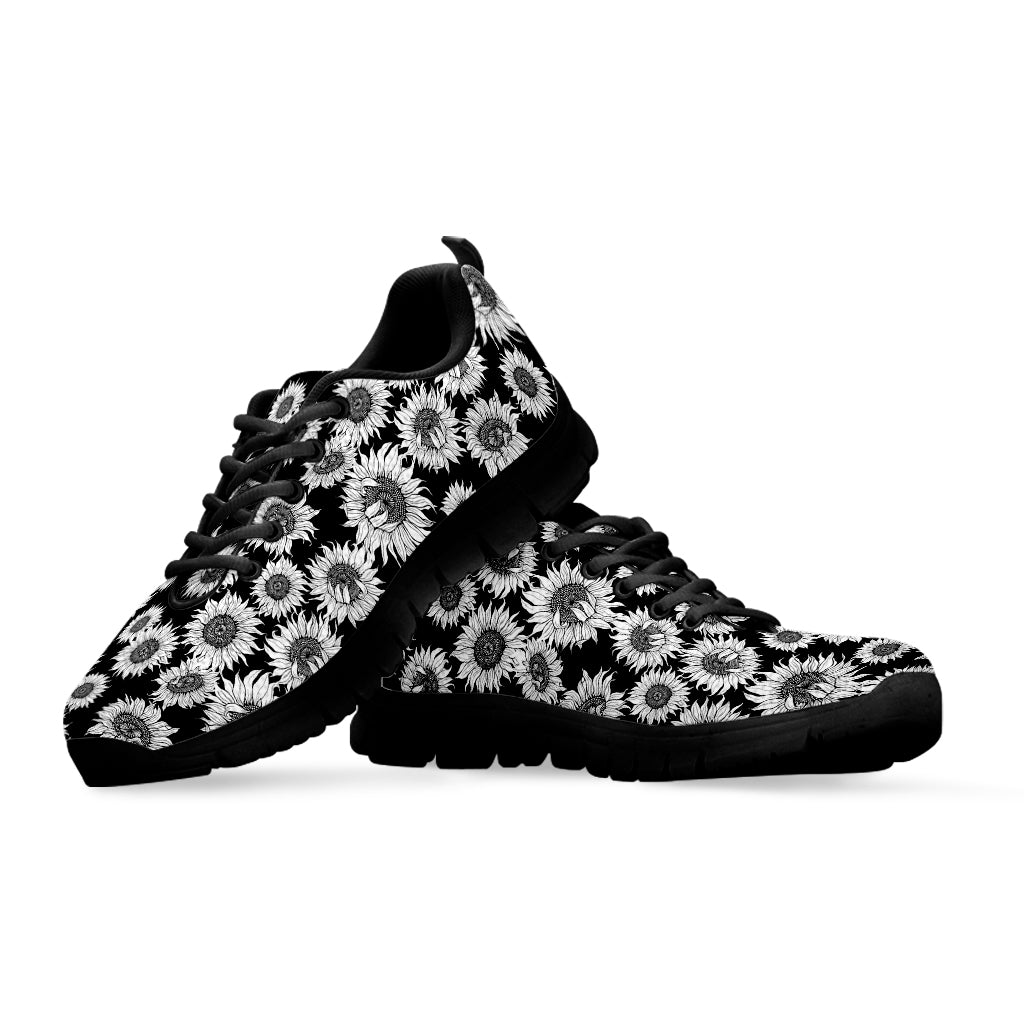 Black And White Sunflower Pattern Print Black Sneakers