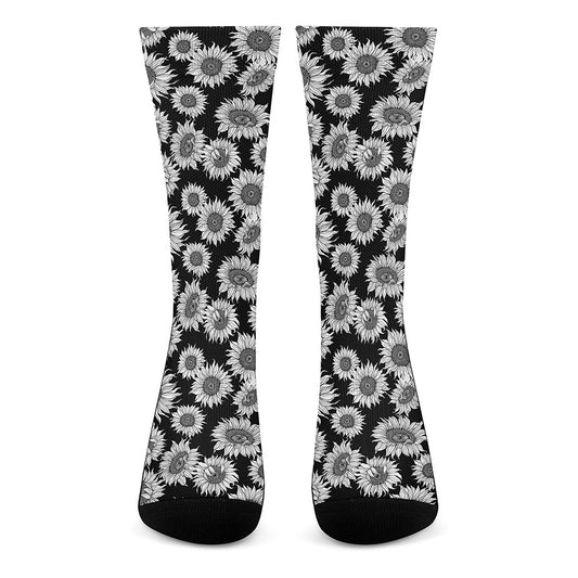Black And White Sunflower Pattern Print Crew Socks