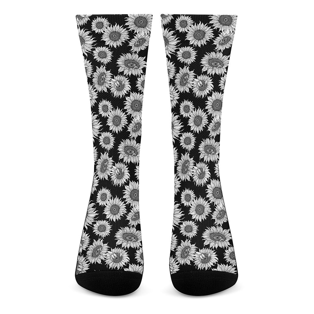 Black And White Sunflower Pattern Print Crew Socks