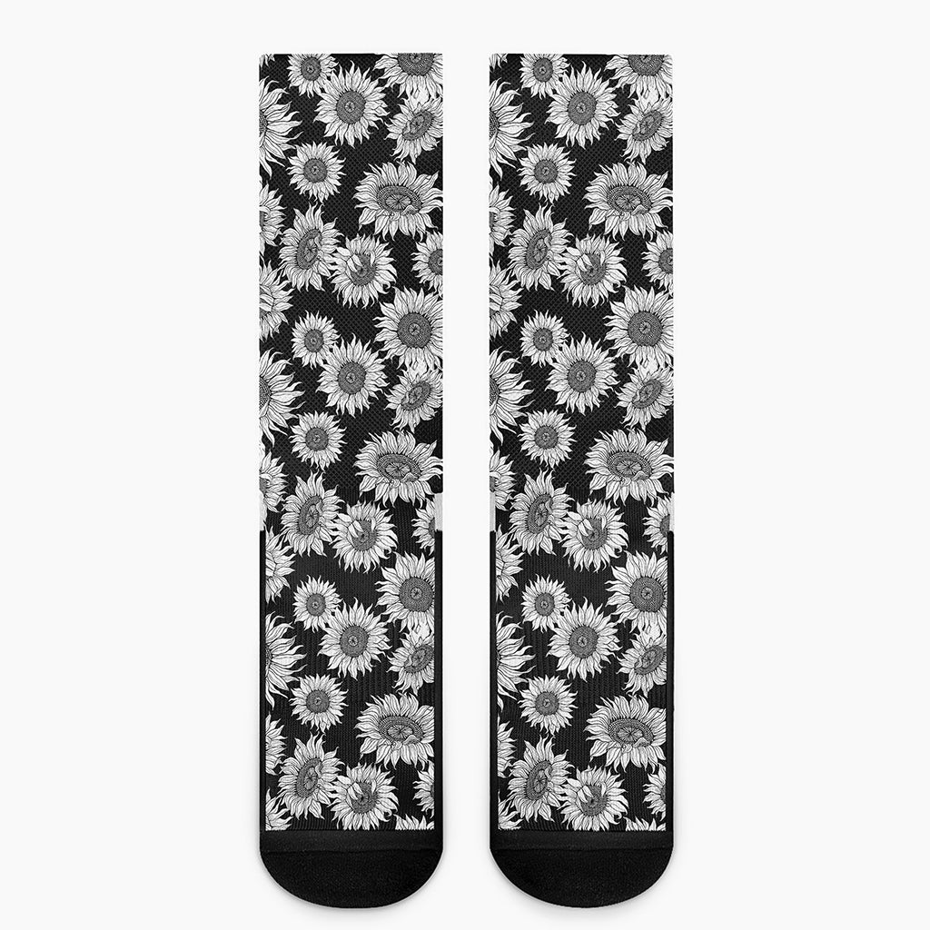 Black And White Sunflower Pattern Print Crew Socks
