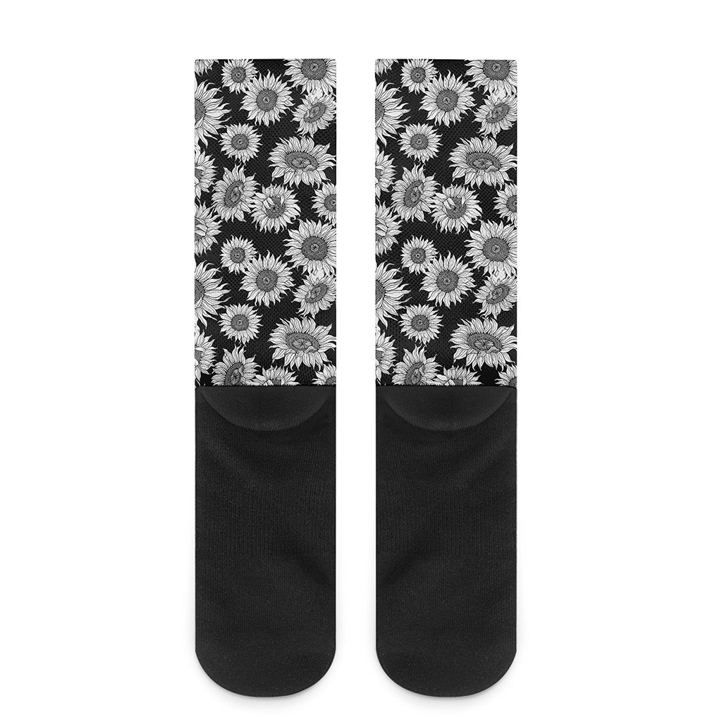 Black And White Sunflower Pattern Print Crew Socks