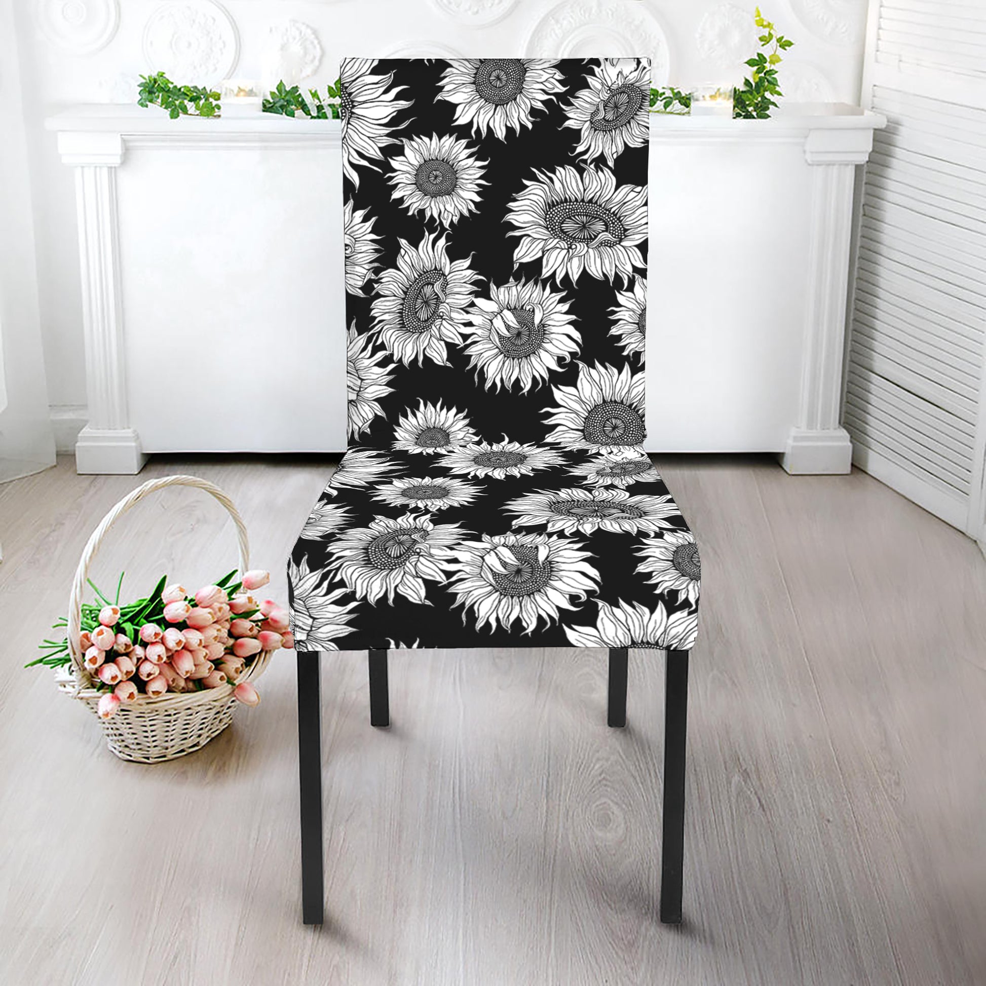 Black And White Sunflower Pattern Print Dining Chair Slipcover