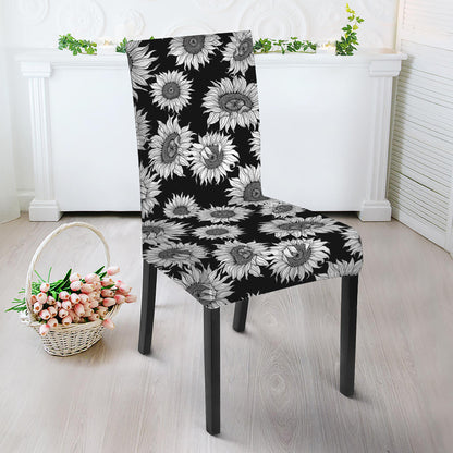 Black And White Sunflower Pattern Print Dining Chair Slipcover