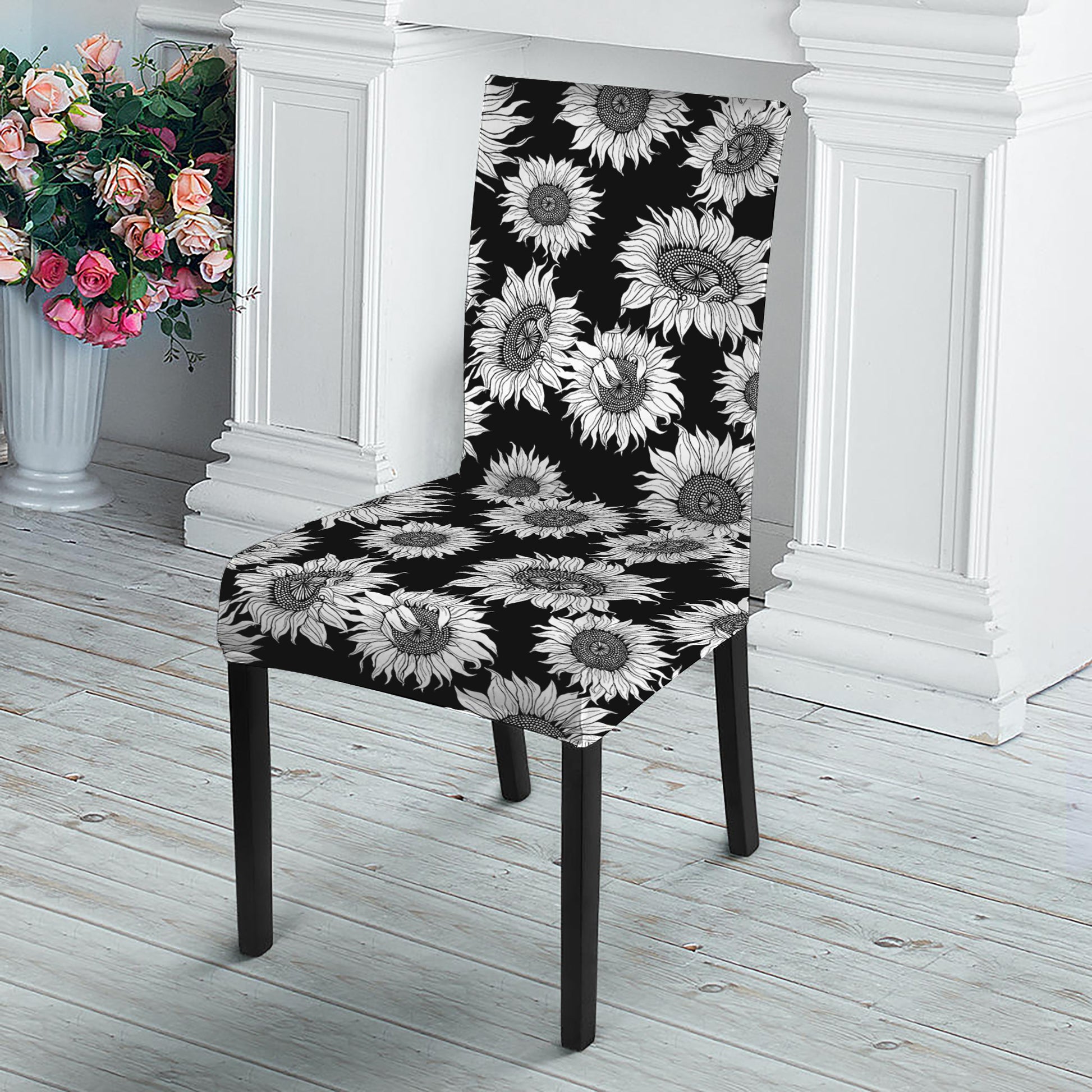 Black And White Sunflower Pattern Print Dining Chair Slipcover
