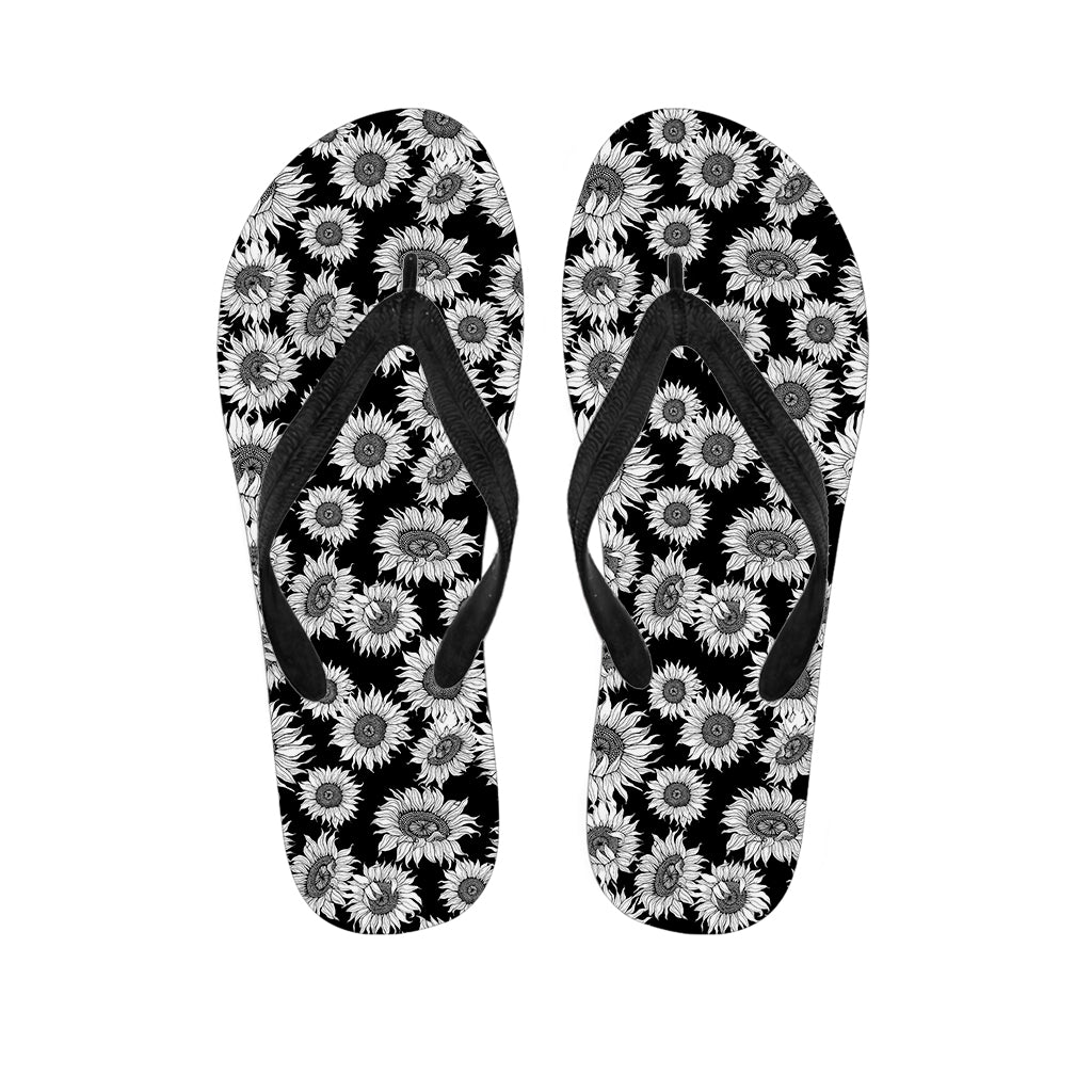 Black And White Sunflower Pattern Print Flip Flops