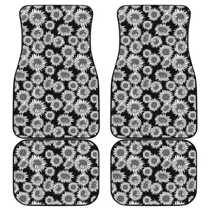 Black And White Sunflower Pattern Print Front and Back Car Floor Mats