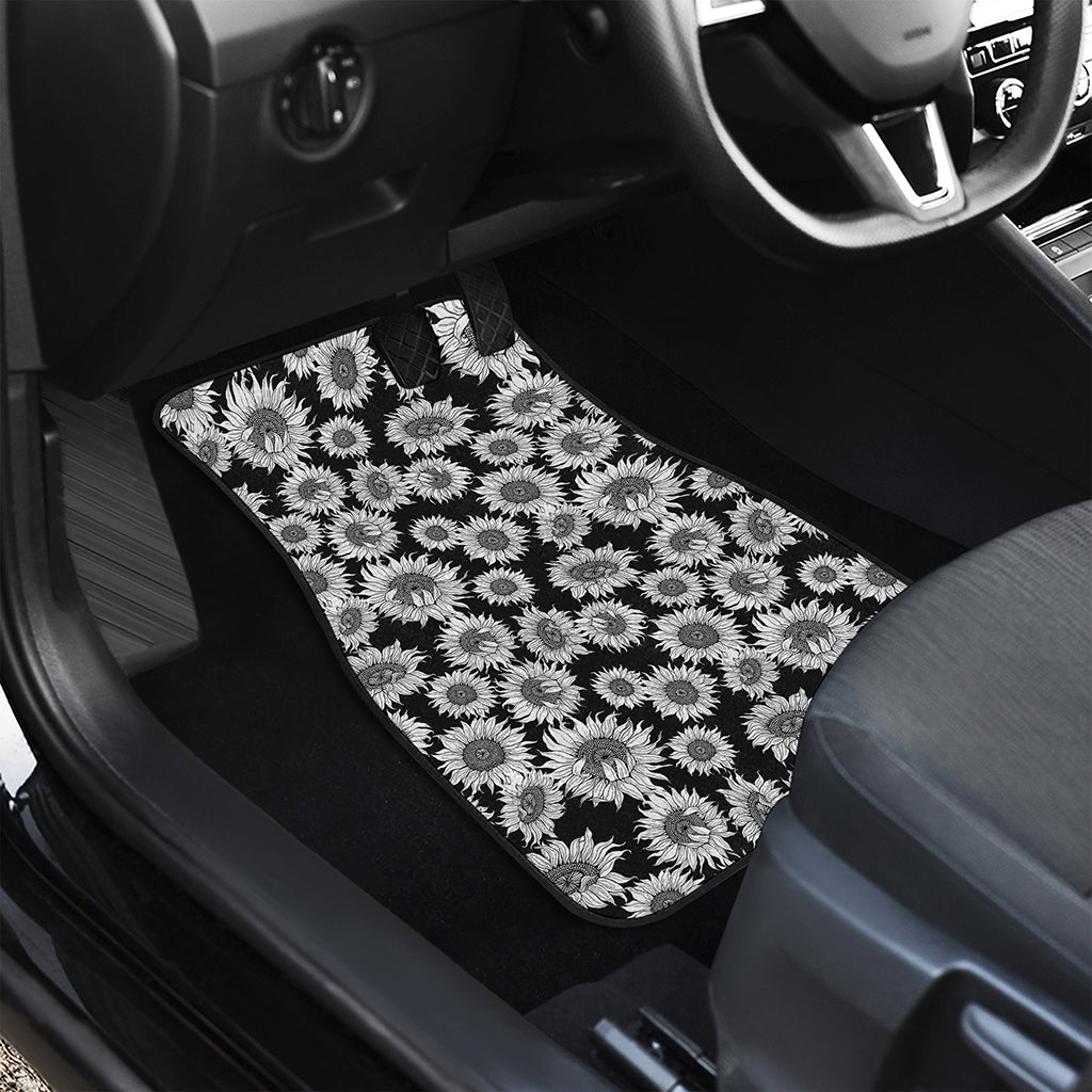 Black And White Sunflower Pattern Print Front and Back Car Floor Mats