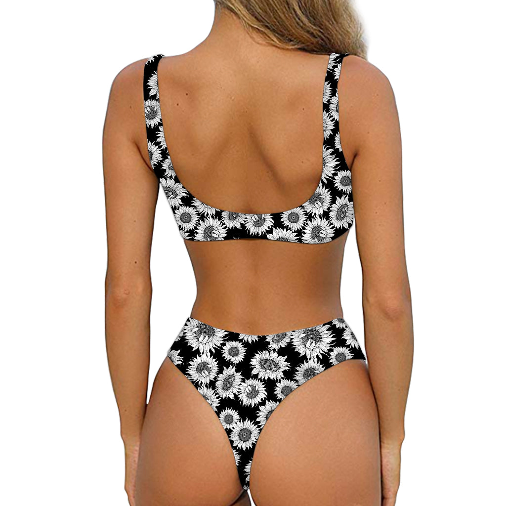 Black And White Sunflower Pattern Print Front Bow Tie Bikini