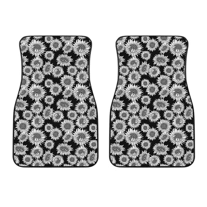 Black And White Sunflower Pattern Print Front Car Floor Mats