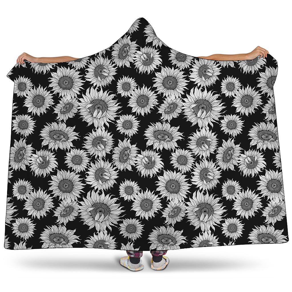 Black And White Sunflower Pattern Print Hooded Blanket