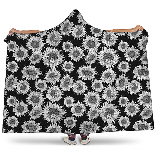 Black And White Sunflower Pattern Print Hooded Blanket