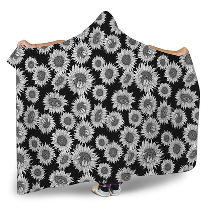 Black And White Sunflower Pattern Print Hooded Blanket