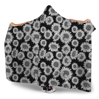 Black And White Sunflower Pattern Print Hooded Blanket