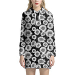 Black And White Sunflower Pattern Print Hoodie Dress