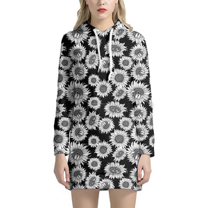 Black And White Sunflower Pattern Print Hoodie Dress