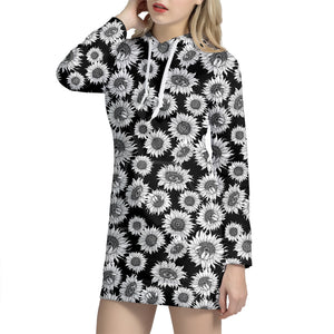 Black And White Sunflower Pattern Print Hoodie Dress