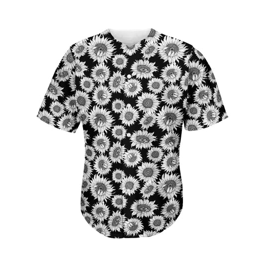Black And White Sunflower Pattern Print Men's Baseball Jersey